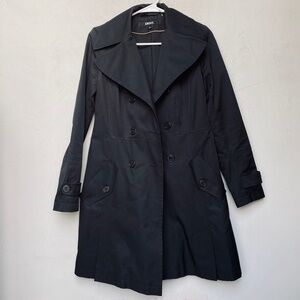 DKNY Black Double-Breasted Trench Coat | Size XS | Pleated Back